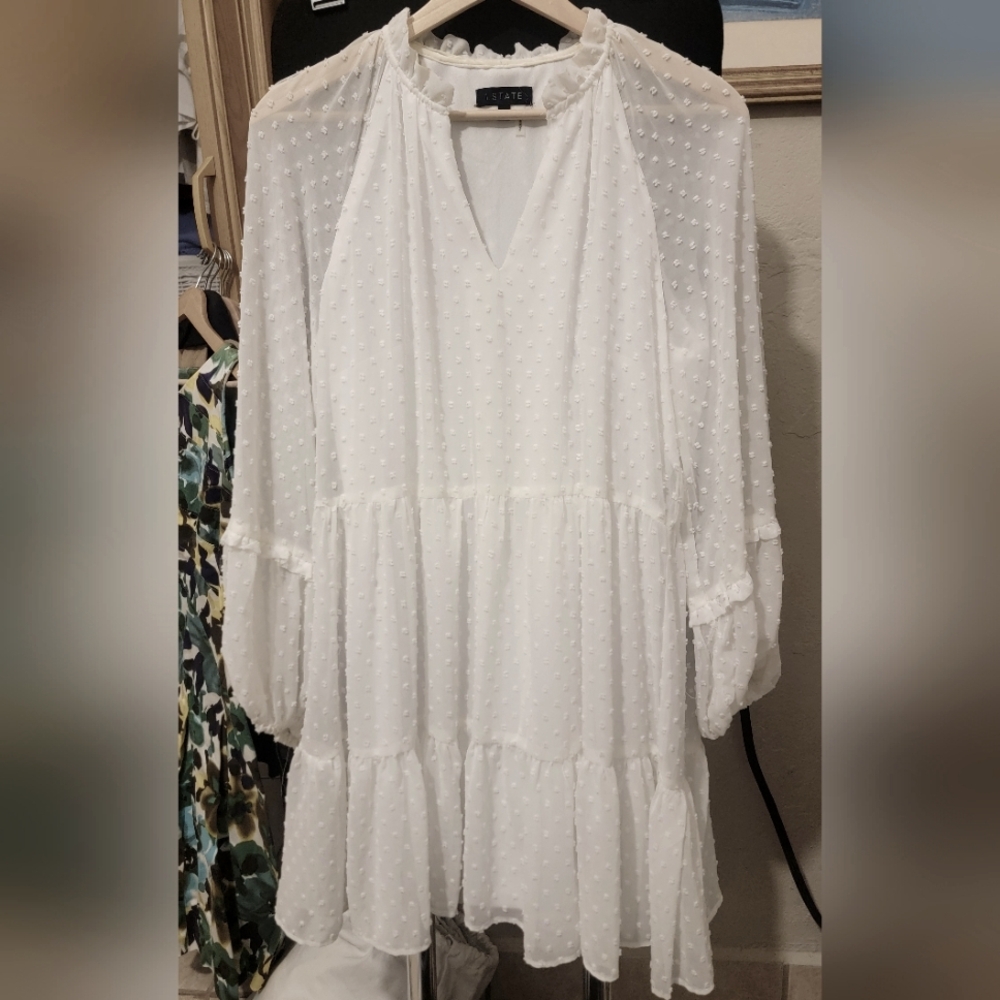 White Flowy Women's Dress With Textured Polka Dot Design - Med